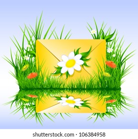 Letter or sms in grass with flowers in spring summer style