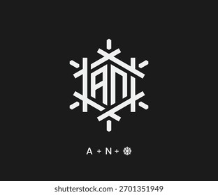 Letra AN con diseño de logotipo de líneas geométricas de copo de nieve. Inicial Un monograma N fresco símbolo de cristal de hielo logo