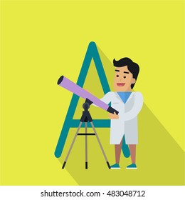 A letter and spaceman scientist with telescope. Human characters in white gowns with scientific instruments. Alphabet series with people. Astronomy and astrology. Scientific concept. ABC vector