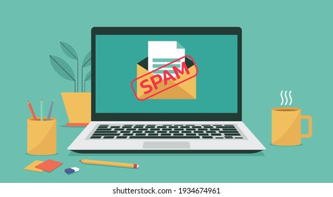 letter with spam email warning appear on laptop computer screen, concept of virus malware software, piracy hacking and security, flat vector illustration