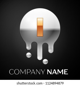 Letter I splash logo. Golden dots and silver bubbles letter design on black background. Vector Illustration