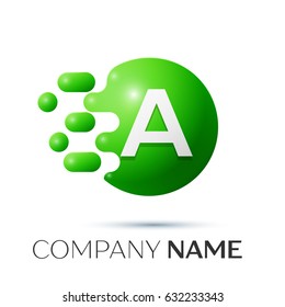 A Letter splash logo. Green dots and circle bubble letter design on grey background. Vector Illustration