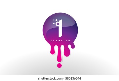 I Letter Splash Logo. Purple Dots and Bubbles Letter Design Vector Illustration.