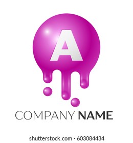 A Letter splash logo. Purple dots and bubbles letter design on grey background. Vector Illustration.