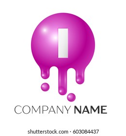 I Letter splash logo. Purple dots and bubbles letter design on grey background. Vector Illustration.