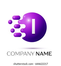 I Letter splash logo. Purple dots and circle bubble letter design on grey background. Vector Illustration