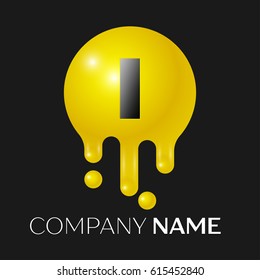I Letter splash logo. Yellow dots and bubbles letter design on black background. Vector Illustration