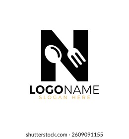 Letter Spoon with Shape Spoon Logo. Initial Letter N Food Logo, Restaurant Food Logo, letter N spoon fork logo design vector