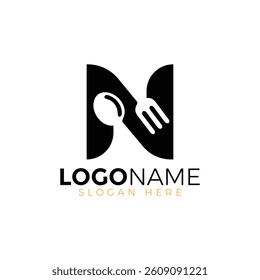 Letter Spoon with Shape Spoon Logo. Initial Letter N Food Logo, Restaurant Food Logo, letter N spoon fork logo design vector