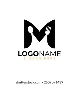 Letter Spoon with Shape Spoon Logo. Initial Letter M Food Logo, Restaurant Food Logo, letter M spoon fork logo design vector