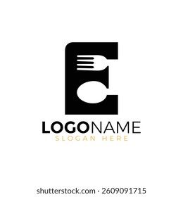 Letter Spoon with Shape Spoon Logo. Initial Letter E Food Logo, Restaurant Food Logo, letter E spoon fork logo design vector