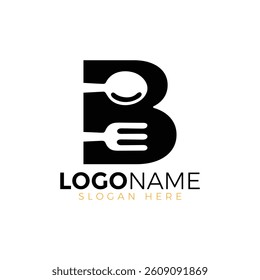 Letter Spoon with Shape Spoon Logo. Initial Letter B Food Logo, Restaurant Food Logo, letter B spoon fork logo design vector