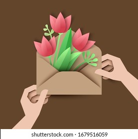Letter of Spring! Woman hands holding envelope full of tulips and fresh leaves. Birthday, anniversary, Easter congratulations concept. Happy announcement metaphor. Paper-cut style vector illustration