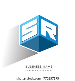 Letter SR logo in hexagon shape and blue background, cube logo with letter design for company identity.
