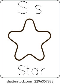 Letter Ss uppercase and lowercase, cute children coloring a star, ABC alphabet tracing practice worksheet of a star for kids learning English vocabulary, and handwriting vector illustration