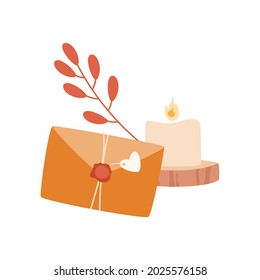 Letter with stamp and heart tag. Envelope tied with a rope, branch and candle on wooden holder. Cozy romantic illustration. Card for warm wishes. 