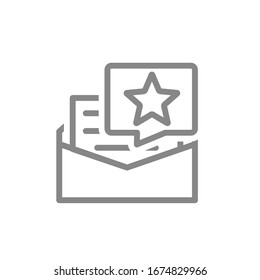 Letter with star in speech bubble line icon. Add to favorites, happy customer, positive review symbol
