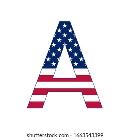 Letter A with stars and stripes. American flag lettering font.
Vector USA national flag style letter A.
Patriotic american element for poster, card, banner and background. 