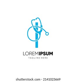 Ilustración de emblema gráfico del vector de diseño del logotipo del estetioscopio de la letra I 