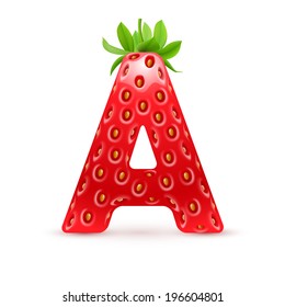 Letter A in strawberry style with green leaves