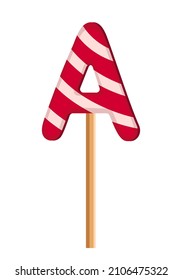 Letter A from striped red and white lollipops. Festive font or decoration for holiday or party. Vector flat illustration