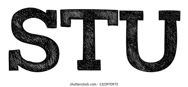 Letter STU pencil sketch in black color isolated on white background. Scribble texture font. Hand drawn vector illustration.   
