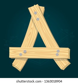 Letter A - stylized vector font made from wooden planks hammered with iron nails.