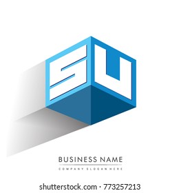 Letter SU logo in hexagon shape and blue background, cube logo with letter design for company identity.
