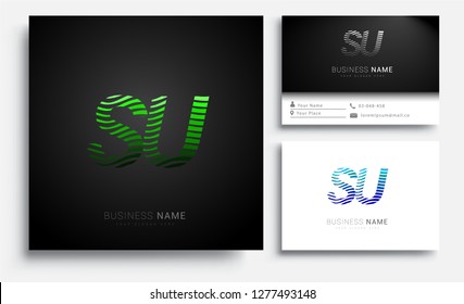 Letter SU logotype with colorful circle, with striped composition letter, sets of business card for company identity, creative industry, web.