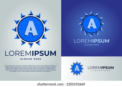 letra A y Sol con ondas Modelo de ilustración vectorial de diseño de logotipo. logotipo de insignia. Plantilla de diseño del logotipo de Sun. logotipo de insignia
