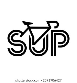 Letter SUP logo with cycle symbol merged, Cycle logo with letter S U P, SP cycle logo, Vector illustration, Letter S U P bicycle logo icon black and white version