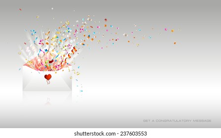 Letter with surprise  on white background. Open envelope with confetti and ribbons. Congratulations on holiday. Border design