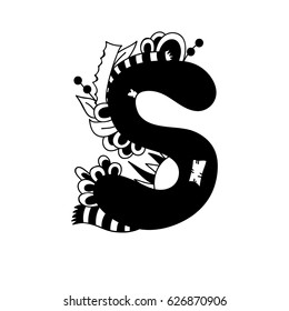 Letter S.Vector illustration, black and white, hand-drawn