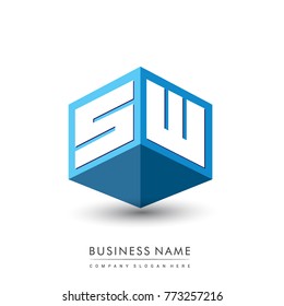 Letter SW logo in hexagon shape and blue background, cube logo with letter design for company identity.
