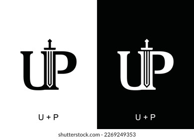 Letter UP with sword combination concept on black and white background. Very suitable for symbol, logo, company name, brand name, personal name, icon and many more.