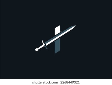 Letra I con plantilla de diseño de icono de logotipo Sword. Letra inicial I con el símbolo de escudo y espada.
