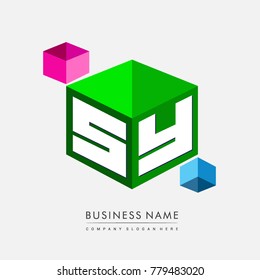 Letter SY logo in hexagon shape and green background, cube logo with letter design for company identity.
