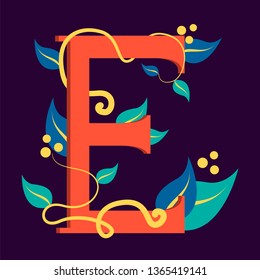 Letter symbol E. Design of logotype with leaf. Graphic design and branding, creative typescript. Abstract alphabet.