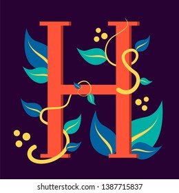 Letter symbol H. Design of logotype with leaf. Graphic design and branding, creative typescript. Abstract alphabet.