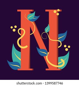 Letter symbol N. Design of logotype with leaf. Graphic design and branding, creative typescript. Abstract alphabet.