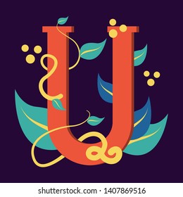 Letter symbol U. Design of logotype with leaf. Graphic design and branding, creative typescript. Abstract alphabet.