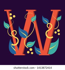 Letter symbol W. Design of vector logotype with leaf. Graphic design and branding, creative typescript. Abstract alphabet.