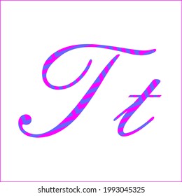 Letter T with 2 color pattern of electric blue and magenta. A vector font of uppercase and lowercase alphabet.
