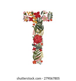 Letter T - 20 letter of the alphabet. Vector hand-drawn monogram composed of flowers, branches and leaves on a white background.