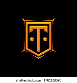 Letter T in 3d effect with pentagonal frame. Gold embossed color. Military, gaming, sport, hobby source of initial, logo, bagde and or identity.