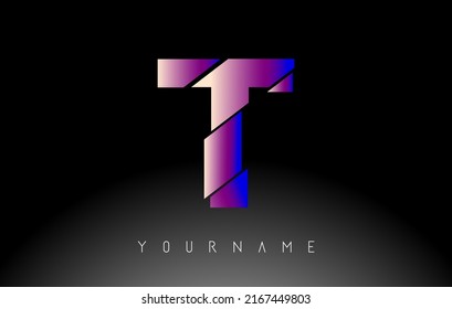 Letter T with abstract sliced effect logo design. Creative vector illustration with vibrant blue and pink gradient color.