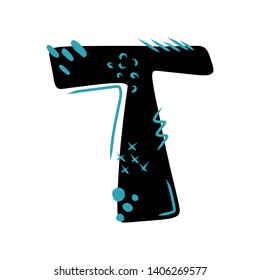 Letter T - abstract vector black font with blue dots, stripes, lines, spots. Abc, alphabet isolated on white background. Perfect illustration for your design - print, poster, card, logo, label