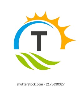 Letter T Agriculture Logo Vector Template. Agriculture Logo Concept with Green Field and Bright Sun Element