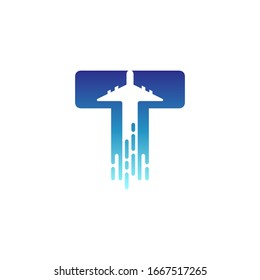Diseño de logotipo gráfico de la letra t con avión. Carta inicial creativa. Sencillo estilo plano. Transporte aéreo, agencia de viajes, logotipo de avión listo para la plantilla.