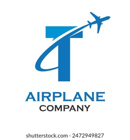 Letter t with airplane logo template illustration. suitable for transportation, brand, travel, agency, web, label, network, marketing etc